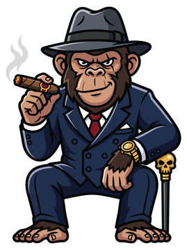 Chimpanzee gangster wearing suit and fedora. Ape gangster character with cigar and cane for mascot branding