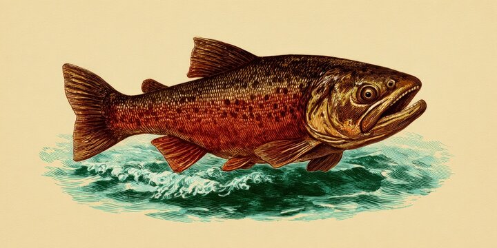 Vintage Style Brown Trout Illustration Jumping Out of Water Detailed Fish Artwork for Sport Fishing and Nature Conservation Design Projects