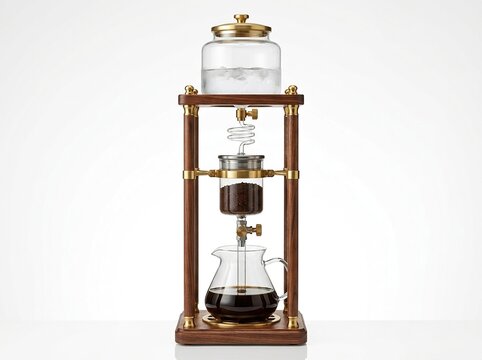 A sophisticated cold drip coffee maker featuring wooden pillars, brass accents, and glass containers, isolated on white background