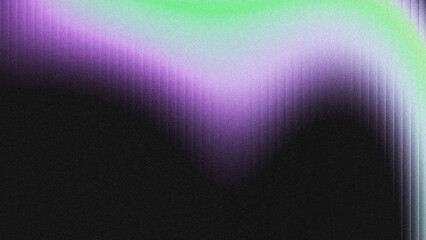 Fototapeta na wymiar Abstract grainy noise texture background. Smooth curved light gradient in purple and lime green flows over a deep black base, with subtle vertical glass grooves on the right side.