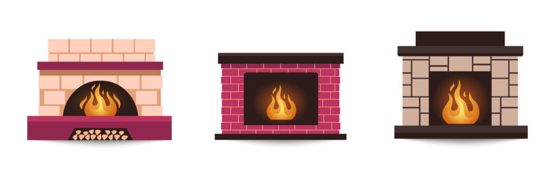 Three brick fireplaces isolated on a transparent background