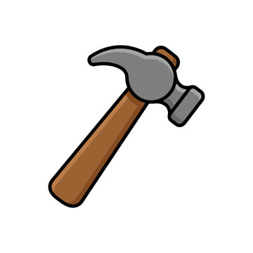 Cartoon hammer with brown handle and gray head on white background.