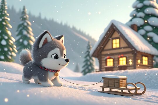 Cute husky dog pulling a sled in winter wonderland