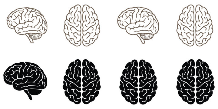 Set of human brain icons in side and top view