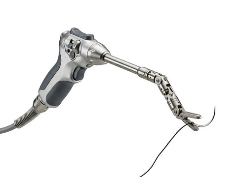 Surgical robotic instrument with a needle holder and suture thread isolated on white background