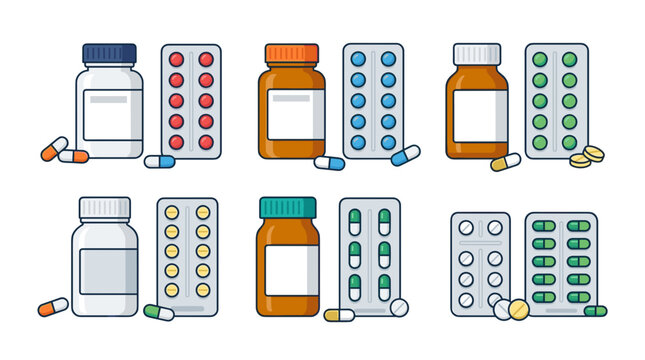 Flat Illustration Set of Medical Pill Bottles Blister Packs and Capsules for Healthcare