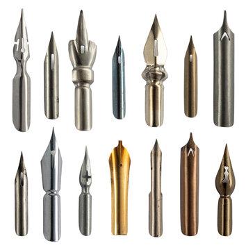 Collection of assorted vintage old pen nibs for fountain and dip pens, featuring different shapes, sizes, materials, and writing points isolated on a white background. 