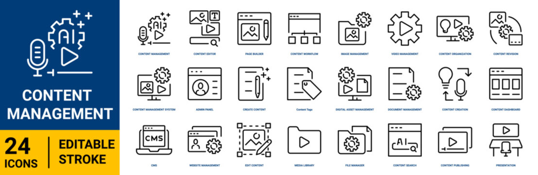 Content management outline icon set. featuring CMS, website management, page builder, publishing, content workflow, media library, file management and content search. Editable stroke vector icons.