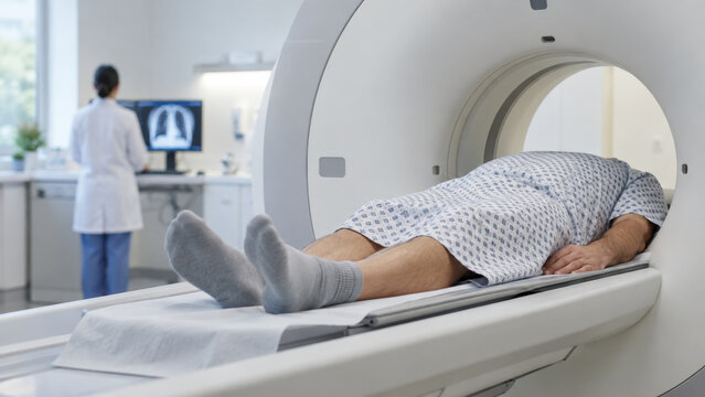Man patient lying on CT scanner table during lung examination in hospital. Woman doctor analyzing chest x-ray on monitor.