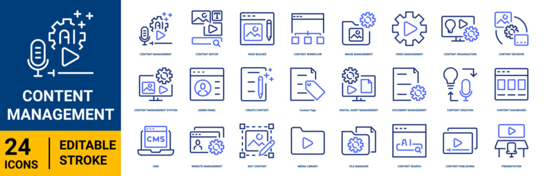 Content management outline icon set. featuring CMS, website management, page builder, publishing, media library, file management. Blue duotone color. Editable stroke vector icons.