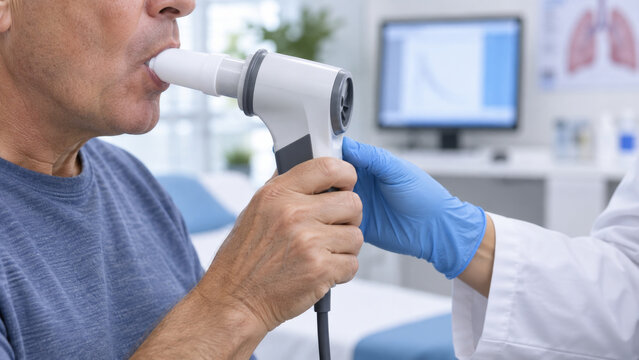Senior man doing spirometry test with doctor in clinic. Patient breathing into spirometer device during lung function examination.