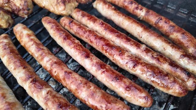 Close-up slow motion footage of sausages cooking on a hot barbecue grill, showing a golden brown surface and roasted texture.