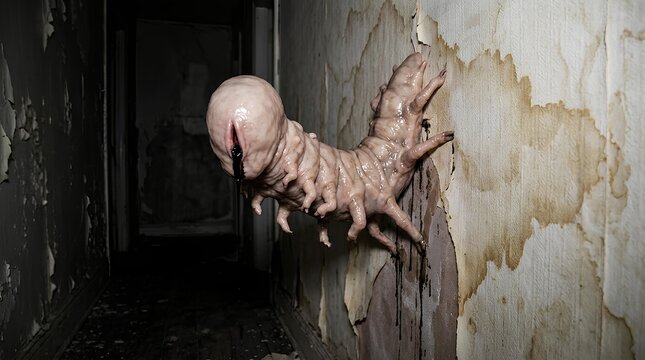 Large creature crawling on ruined indoor wall.