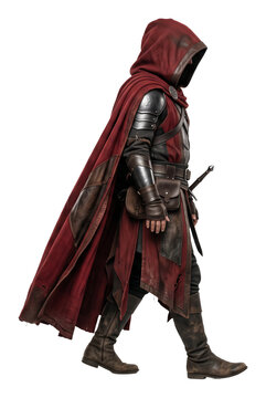 Hooded armored fantasy warrior in walking pose