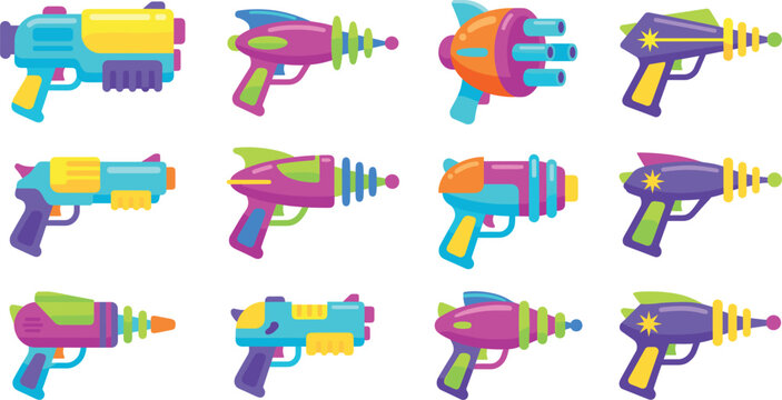 Toy ray gun blaster vector set, colorful sci-fi space laser weapons, game icons