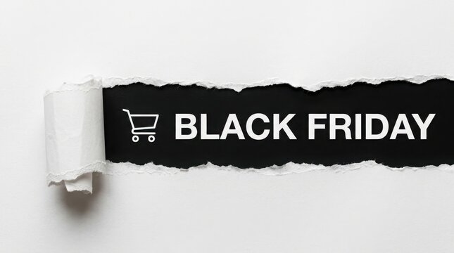 Black Friday text with shopping cart icon revealed through torn paper with white background