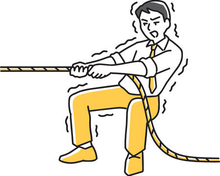震えながらロープを引っ張る男性社員