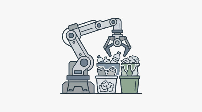 Industrial Robot Arm Sorting Recyclable Waste Materials into Bins