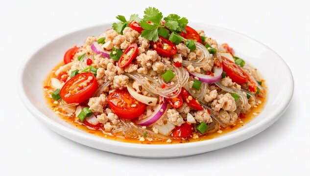 Isolated white plate of spicy Thai glass noodle salad with minced pork, tomatoes, bird's eye chili, shallots, coriander, lime juice, and fish sauce.
