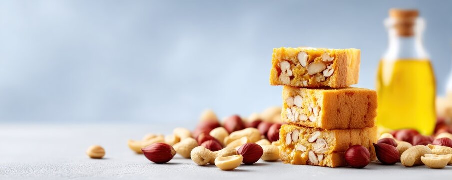 Stacked nut bars with peanuts and cashews for healthy snacking featuring bottle of oil and scattered nuts with copy space for natural food marketing