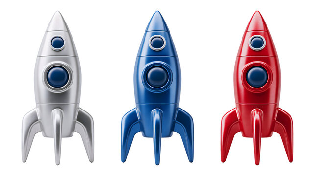 3D glossy rocket ship set in silver blue and red for business startup launch, innovation project concept isolated element on transparent background
