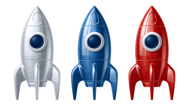 3D glossy rocket ship set in silver blue and red for business startup launch, innovation project concept isolated element on transparent background
