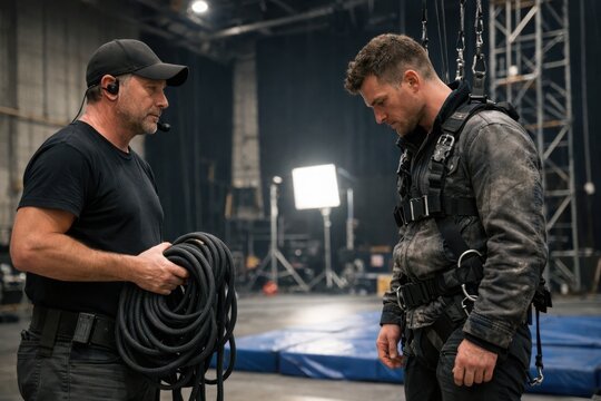 Bearded technician inspects green rope while stuntman wears tactical safety harness