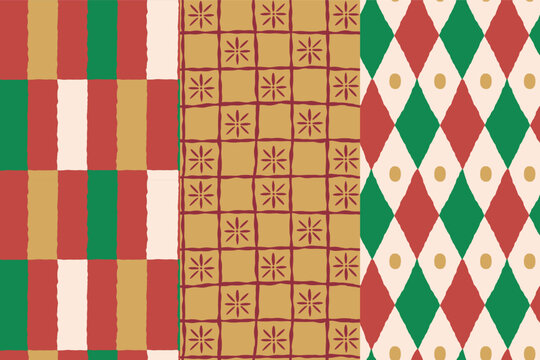 Vector Seamless Christmas pattern with hand-drawn holiday elements, geometric shapes, stars and festive ornaments in a retro color palette