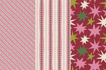 Fototapeta na wymiar Vector Seamless Christmas pattern with hand-drawn holiday elements, geometric shapes, stars and festive ornaments in a retro color palette