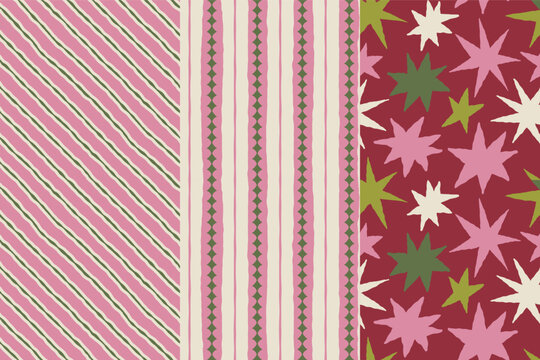 Vector Seamless Christmas pattern with hand-drawn holiday elements, geometric shapes, stars and festive ornaments in a retro color palette