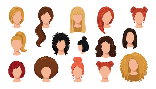 Flat vector illustration collection of various cartoon woman hairstyles wigs and female haircuts isolated on white background.