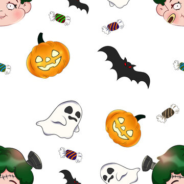 Cute Halloween seamless pattern with ghost, pumpkin, candy and bat on grey background, hand drawn illustration