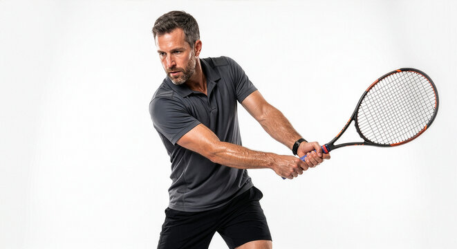 Man playing tennis with a racket on a white background
