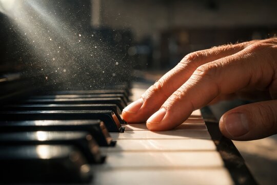 Pianist fingers press vintage piano keys in warm dust filled sunlight