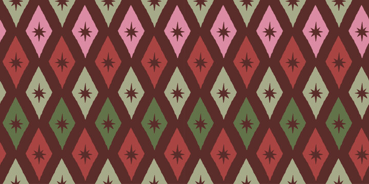 Vector Seamless Christmas pattern with hand-drawn holiday elements, geometric shapes, stars and festive ornaments in a retro color palette