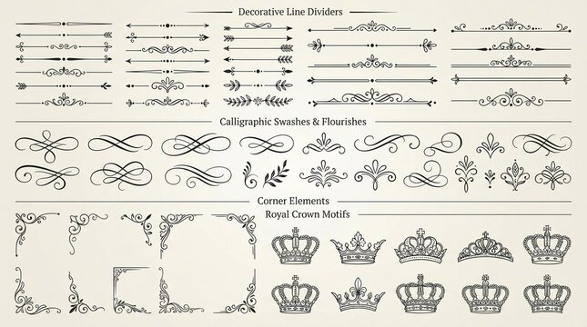 Elegant set of vintage decorative line dividers and intricate calligraphic swashes with fancy corner elements and detailed royal crown motifs isolated on a cream background
