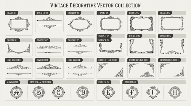 Vintage decorative vector collection features intricate ornate frames borders line dividers and elegant monogram emblems presented in black ink on a clean light cream background layout
