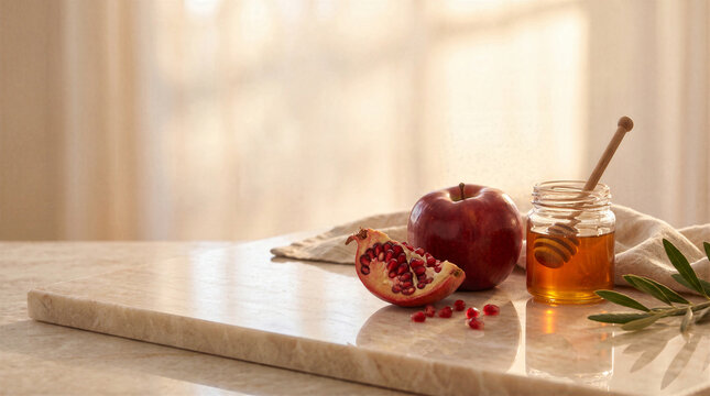 Rosh Hashanah Jewish New Year Celebration Symbolic Food Apple Pomegranate Honey Jar Wooden Dipper Placed On Marble Surface Soft Natural Morning Sunlight Background Festive Traditional Holiday Concept
