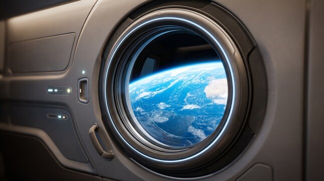 View of the earth planet from a circular window inside a futuristic spacecraft cabin interior with interior provides clear planet against dark