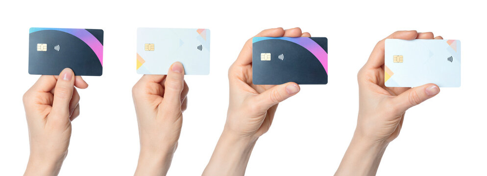Set of Hands holding a bank card with a chip, isolated on transparent background. Ideal for finance, payment, banking, digital transactions, and security-themed projects