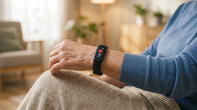 Senior person wearing a black digital health monitor on their wrist inside a cozy home with fitness tracker displays elderly person sits displays heart rate