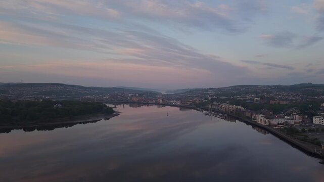 Aerial view of the River Foyle flowing through the city of Londonderry, United Kingdom.