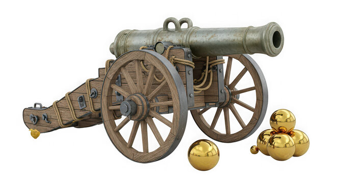 Old vintage metal cannon with gold cannonballs for historical battle isolated on transparent background