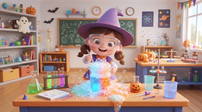 Whimsical little witch girl performing science experiments in classroom. Halloween chemistry lab with colorful bubbles. Cute student in purple hat.