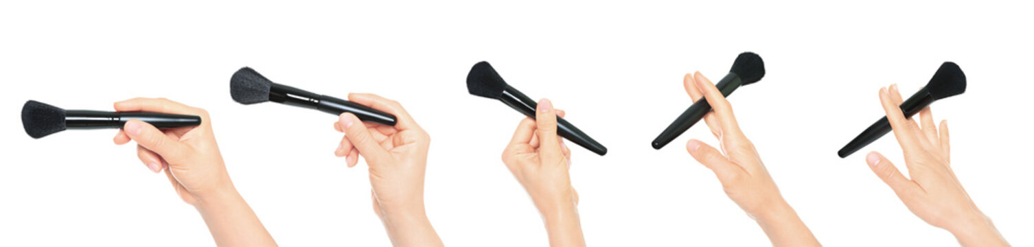 Set of hands holding cosmetic brush isolated on transparent background. Beauty collage for makeup, personal care, and creative projects
