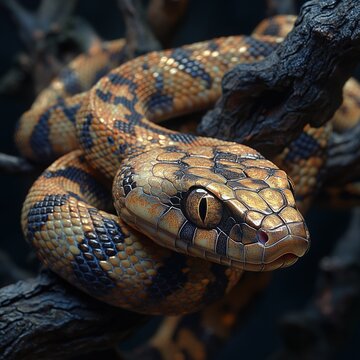 Detailed close up portrait of exotic snake coiled on a tree branch with textured scales and slitted eye