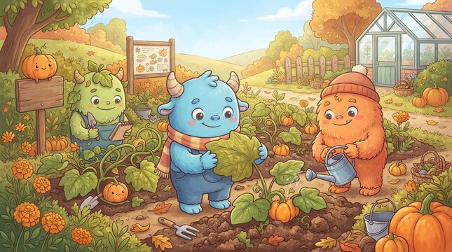 Whimsical monster characters gardening in autumn, cute creatures harvesting pumpkins in a fall garden, storybook illustration of friendly monsters