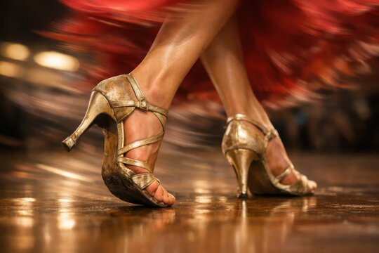 Ballroom dancer footwork captured showing scuffed silver strappy sandals in motion