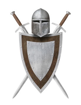viking helmet shield and swords isolated on white