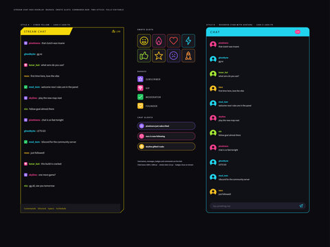 Stream chat box overlay two styles badges emote slots commands bar